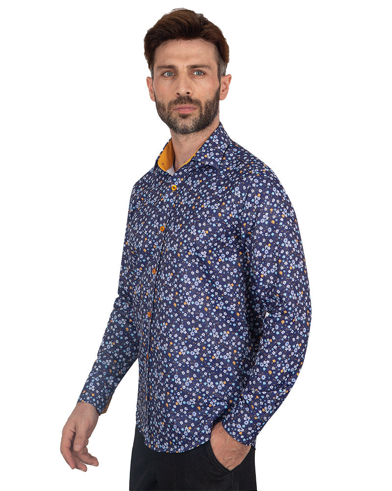 Dark Blue Summer Floral Print Men's Shirt-Makrom
