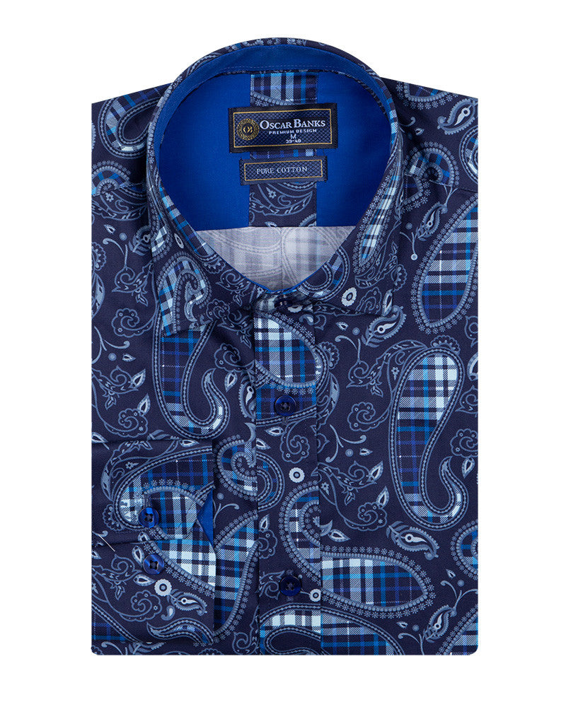 Dark Blue Tartan Paisley Cotton Shirts For Men-Makrom