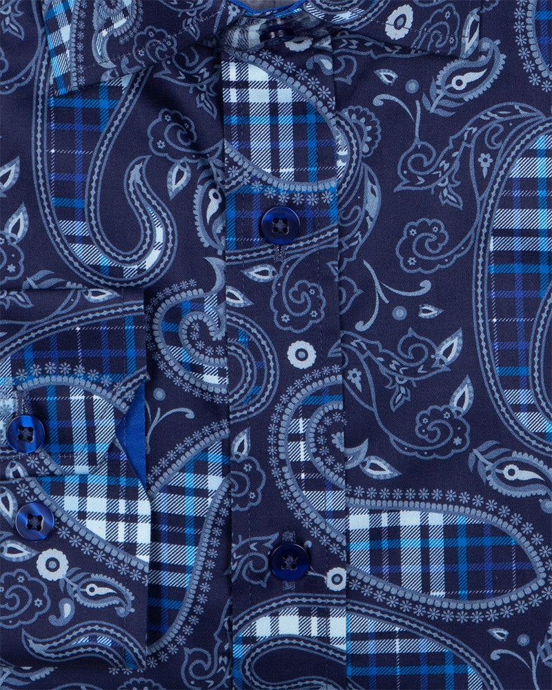Dark Blue Tartan Paisley Cotton Shirts For Men-Makrom