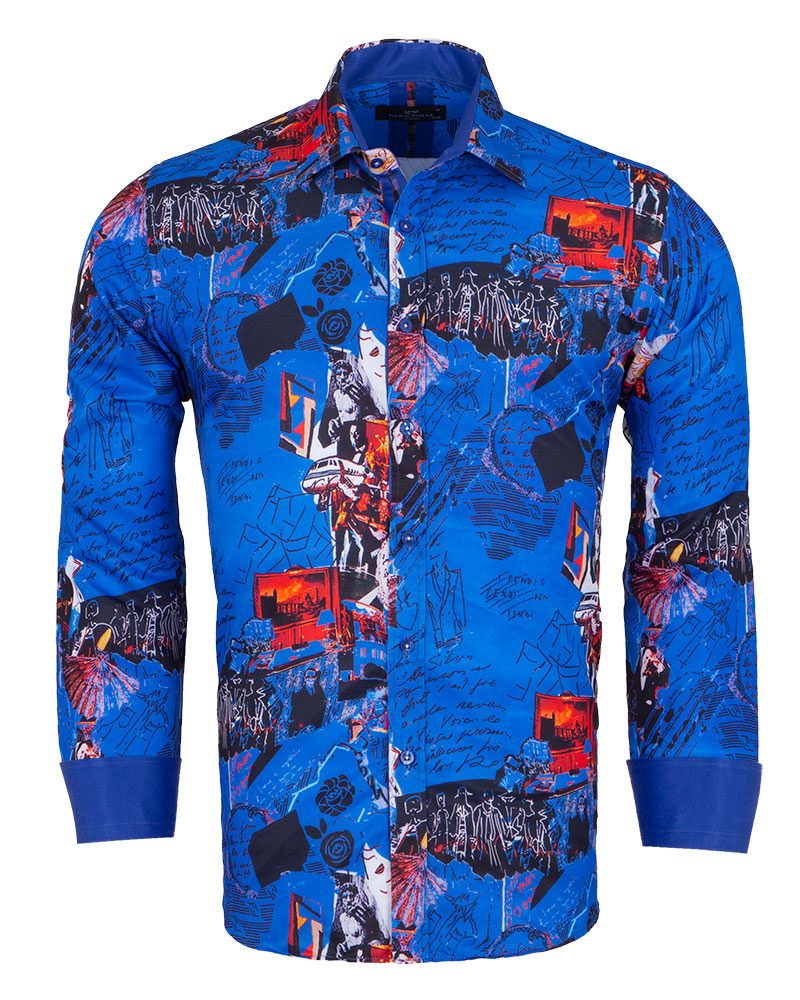 Dark Blue Vintage Pictures Print Shirt-Makrom