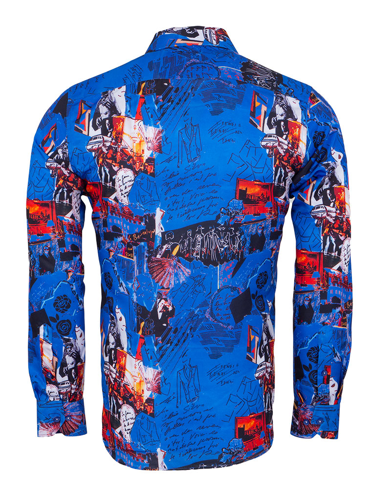 Dark Blue Vintage Pictures Print Shirt-Makrom