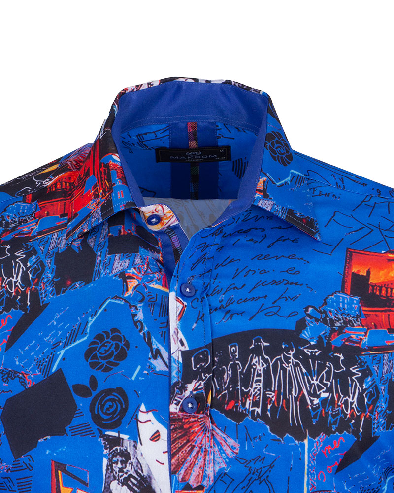 Dark Blue Vintage Pictures Print Shirt-Makrom