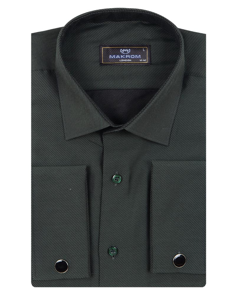 Dark Green Casual Twill Double Cuff Long Sleeve Shirt-Makrom