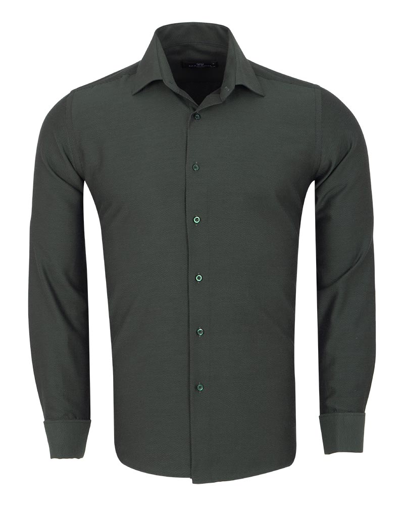 Dark Green Casual Twill Double Cuff Long Sleeve Shirt-Makrom