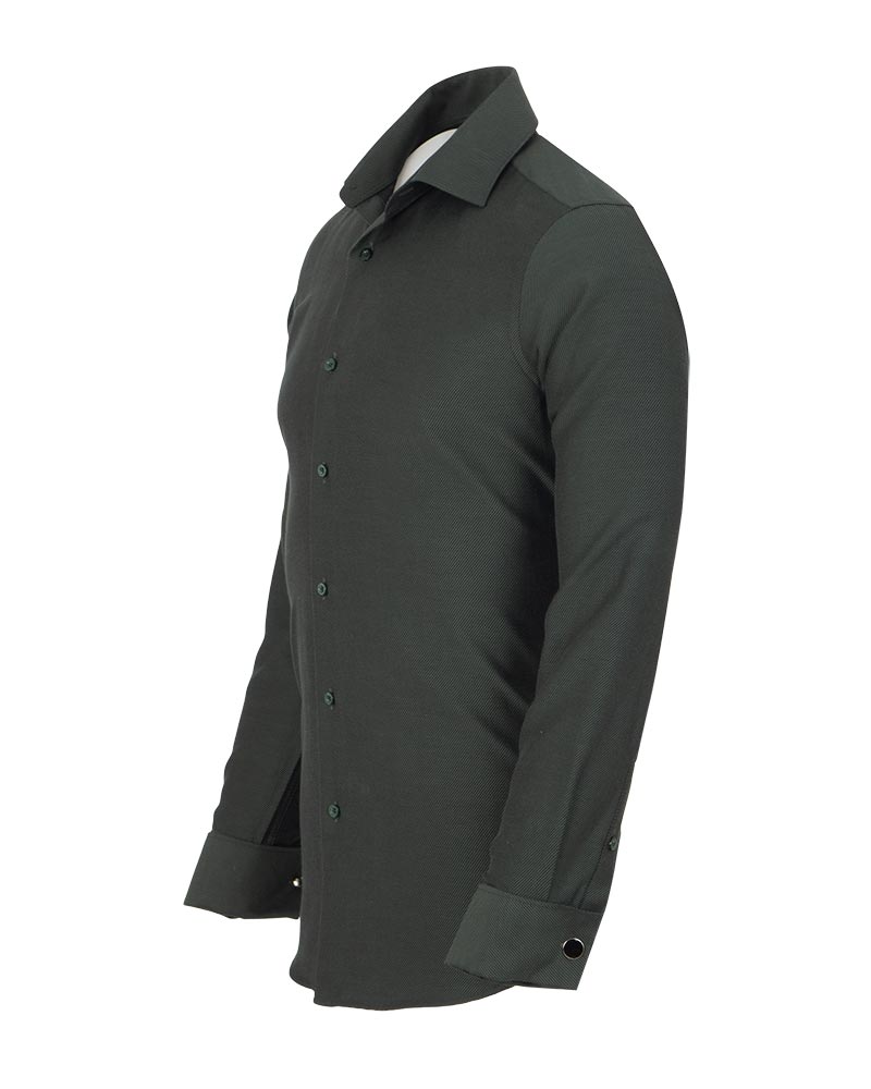 Dark Green Casual Twill Double Cuff Long Sleeve Shirt-Makrom