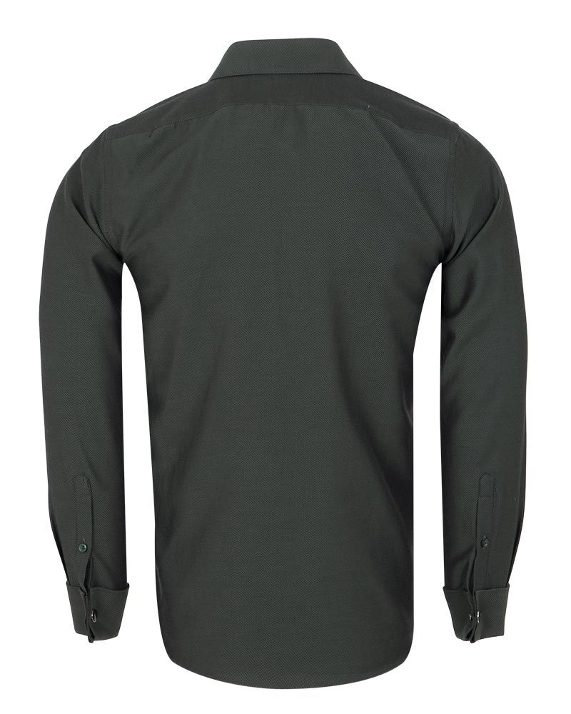 Dark Green Casual Twill Double Cuff Long Sleeve Shirt-Makrom