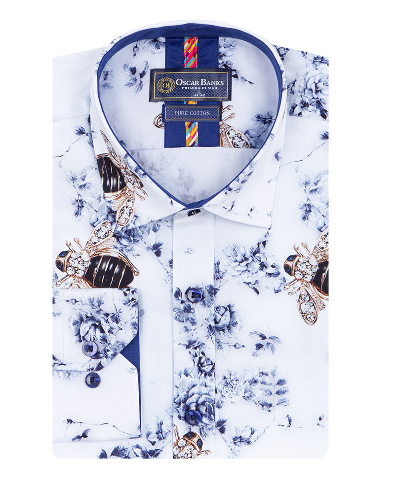 Diamond Bee Print Shirt with Matching Handkerchief-Makrom