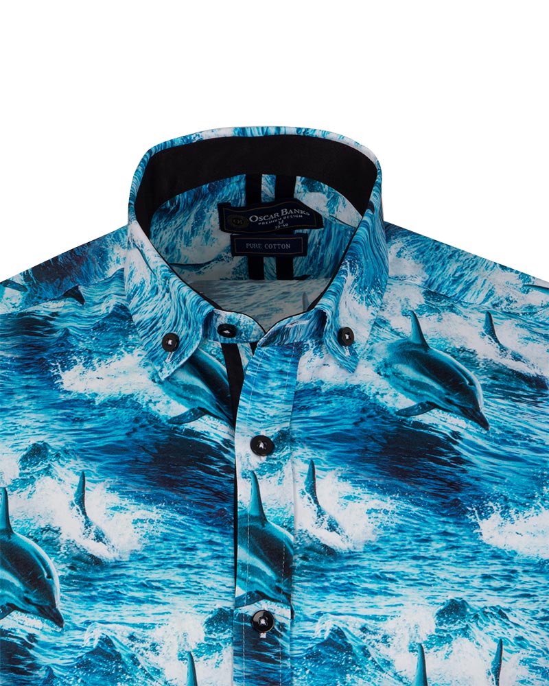 Dolphin Sea Wave Print Short Sleeve Shirt-Makrom