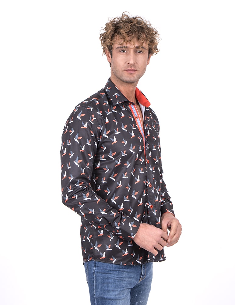 Flying Bird Print Men's Shirt-Makrom