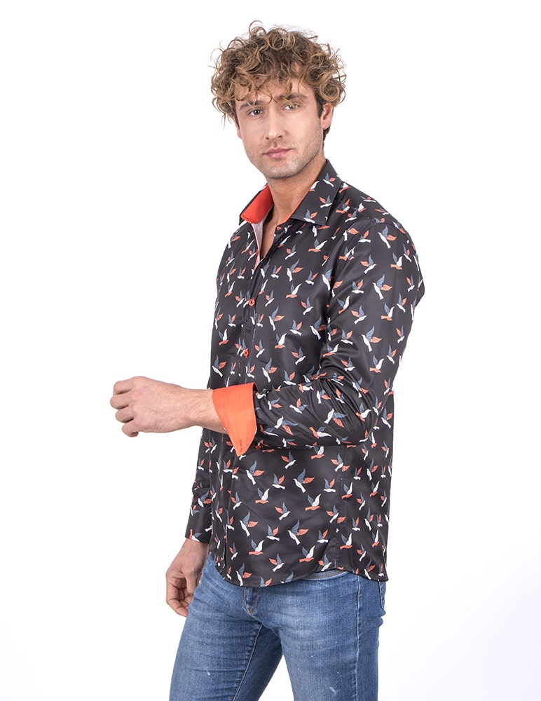 Flying Bird Print Men's Shirt-Makrom