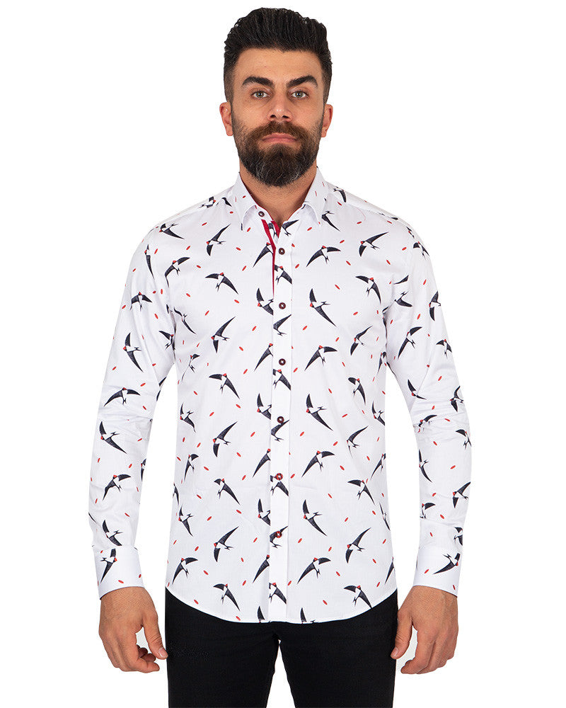 Flying Bird Print Pure Cotton Shirt-Makrom