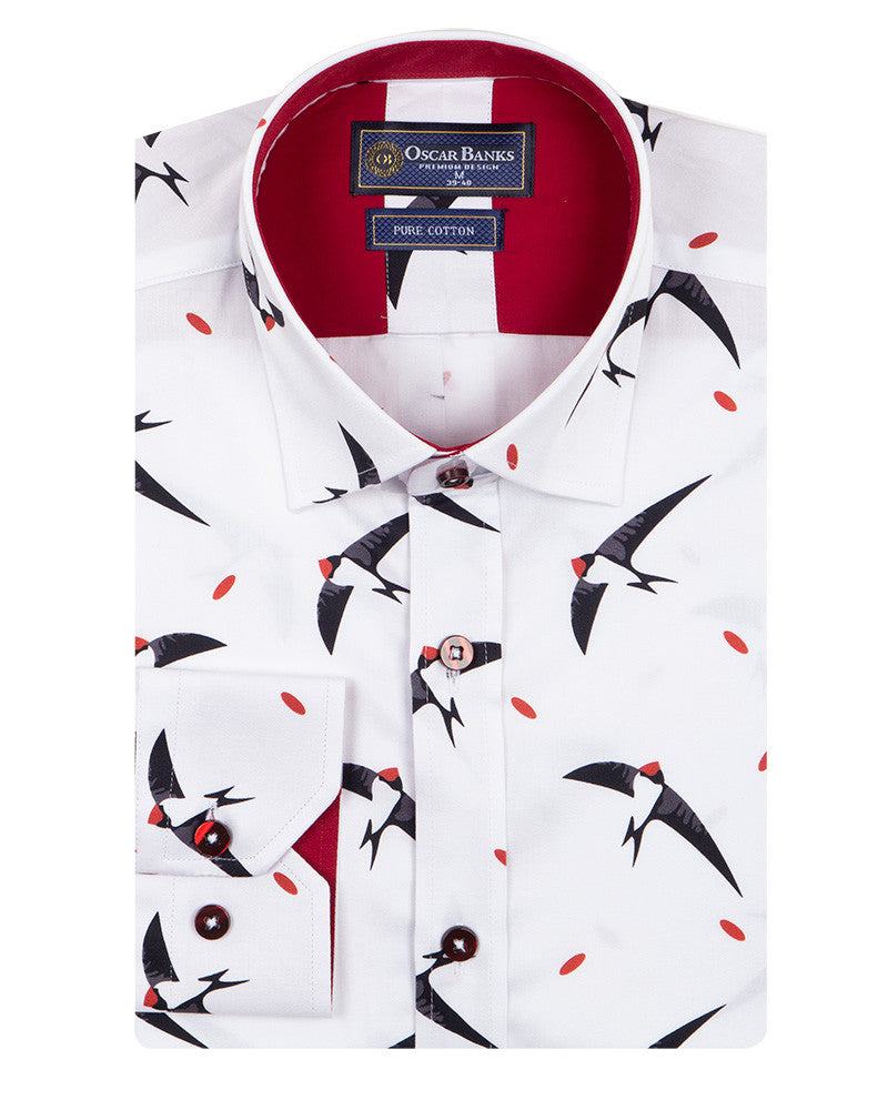 Flying Bird Print Pure Cotton Shirt-Makrom
