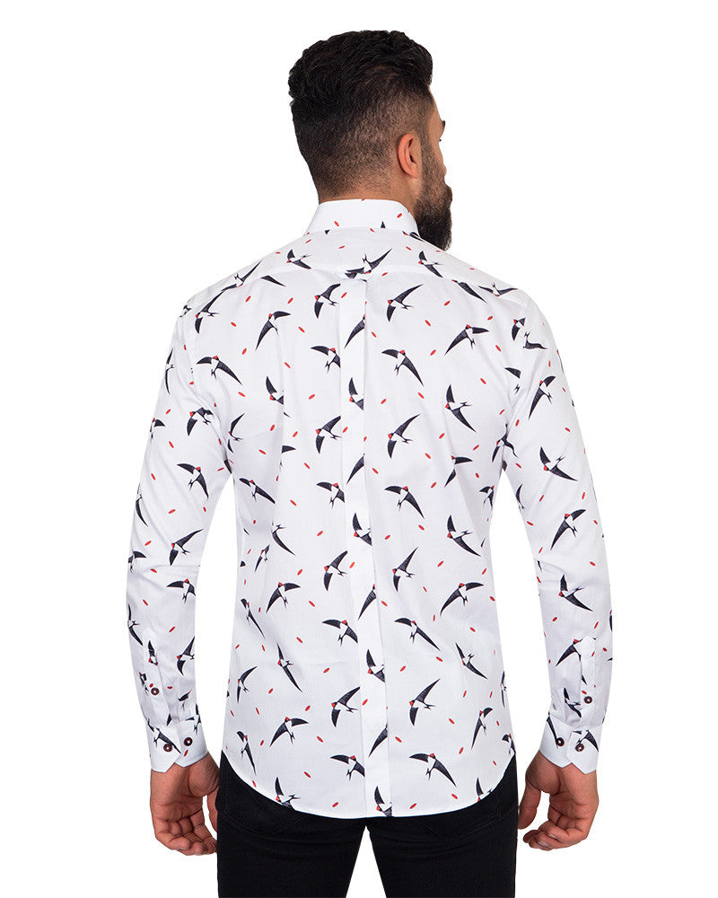 Flying Bird Print Pure Cotton Shirt-Makrom