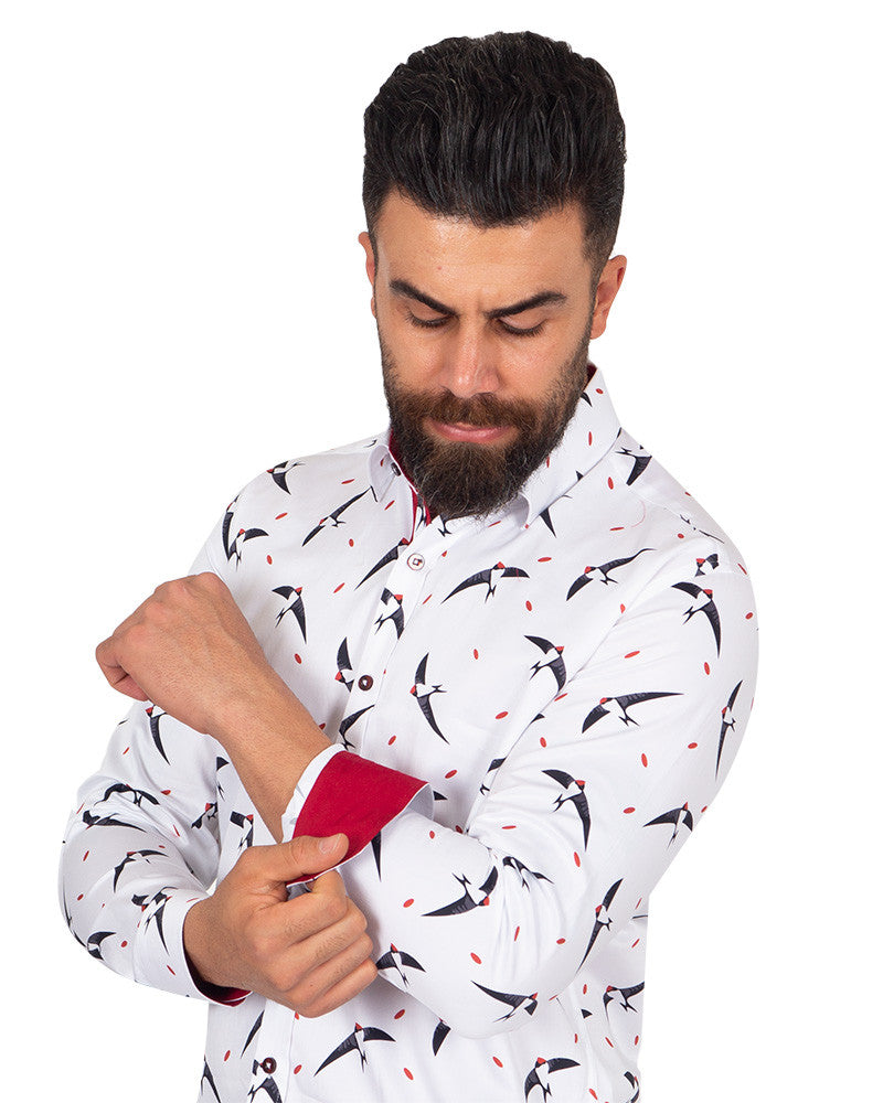 Flying Bird Print Pure Cotton Shirt-Makrom