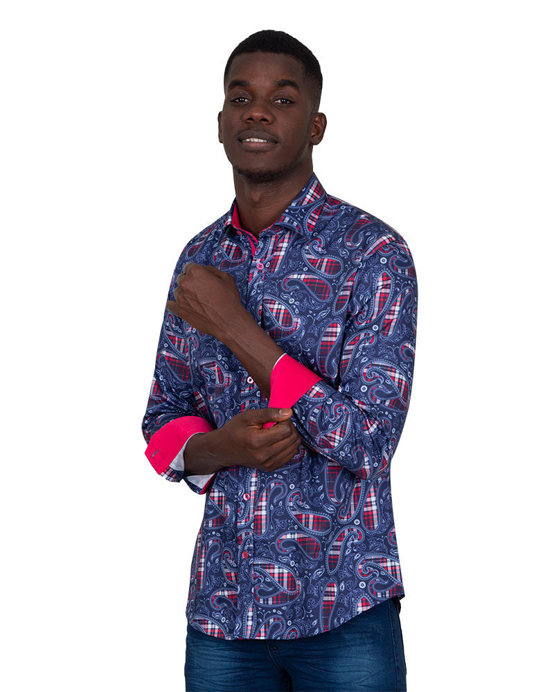 Fuchsia Tartan Paisley Pure Cotton Shirt-Makrom