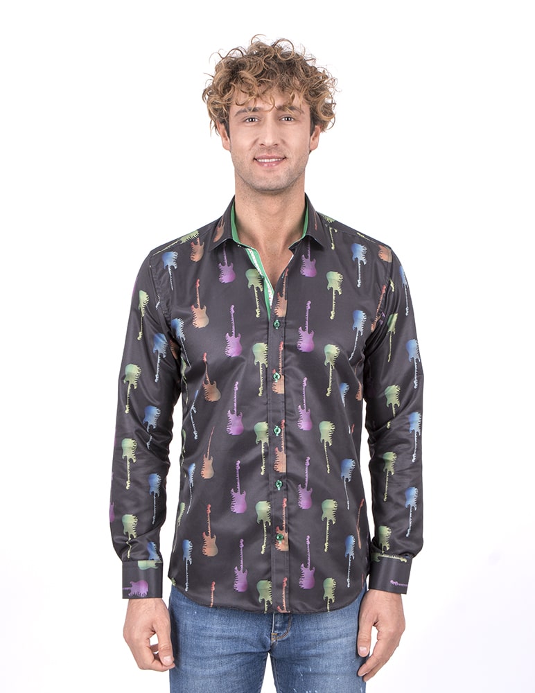 Funky Black Guitar Retro Print Men's Shirt-Makrom
