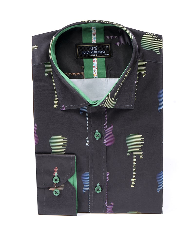 Funky Black Guitar Retro Print Men's Shirt-Makrom