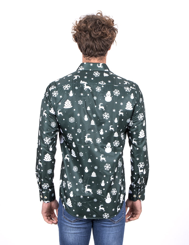Green Flora Christmas Snowflake Snowman Print Men's Shirt-Makrom