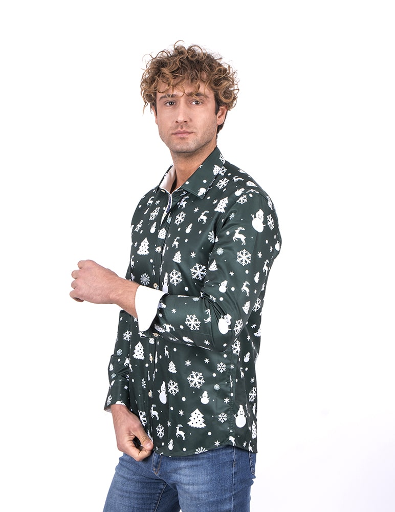 Green Flora Christmas Snowflake Snowman Print Men's Shirt-Makrom