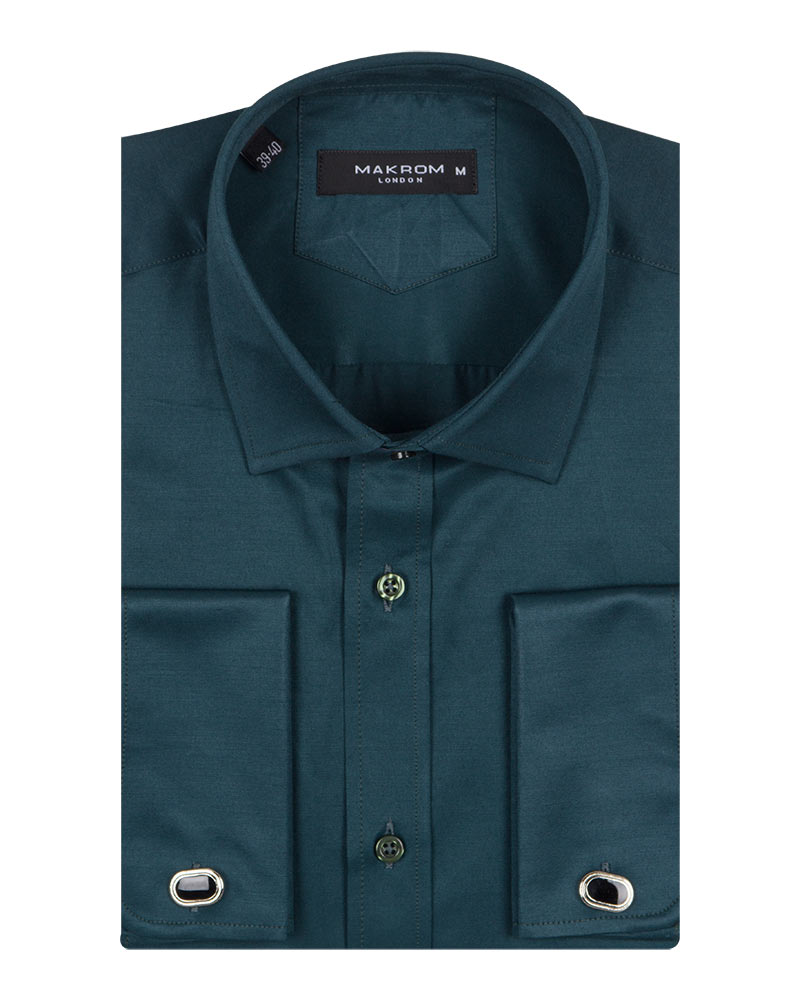 Green Flora Plain Double Cuff Shirt-Makrom