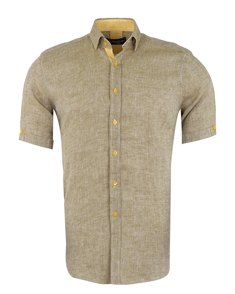 Green Flora Plain Linen Short Sleeve Shirt-Makrom