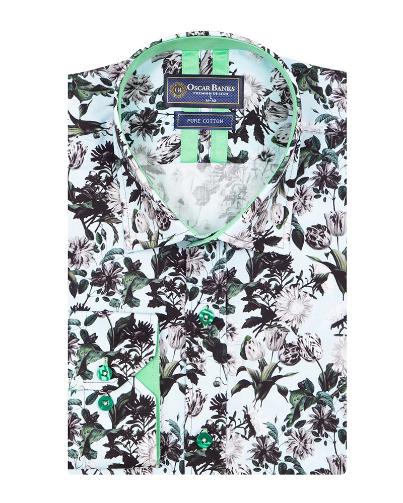 Green Floral Print Men's Shirt with Matching Handkerchief-Makrom