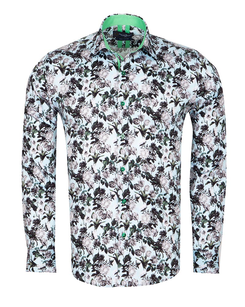 Green Floral Print Men's Shirt with Matching Handkerchief-Makrom