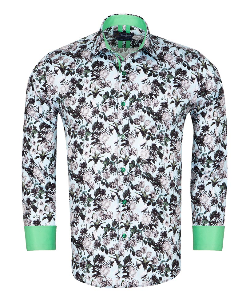 Green Floral Print Men's Shirt with Matching Handkerchief-Makrom