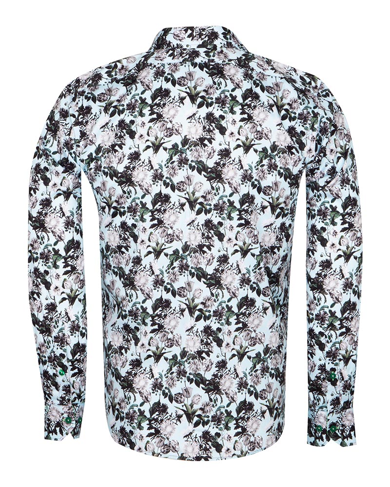 Green Floral Print Men's Shirt with Matching Handkerchief-Makrom