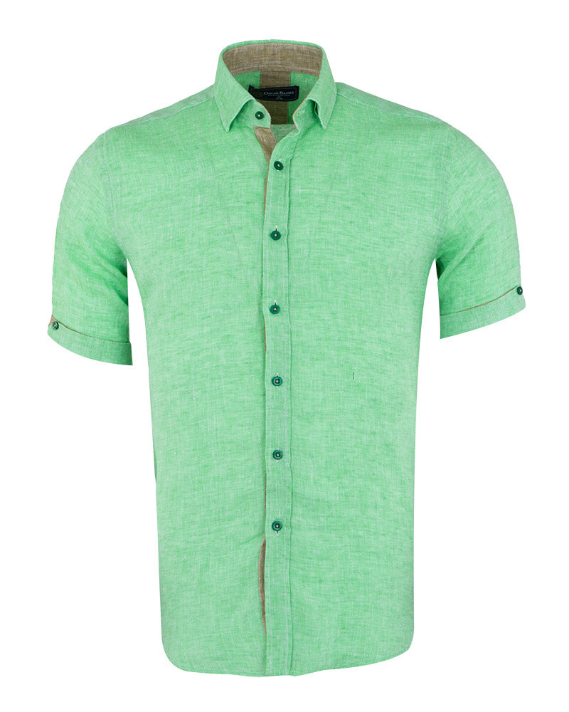 Green Plain Linen Short Sleeve Shirt-Makrom