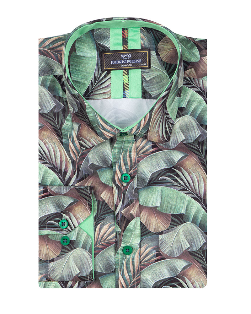 Green Tropical Leaf Print Shirt-Makrom