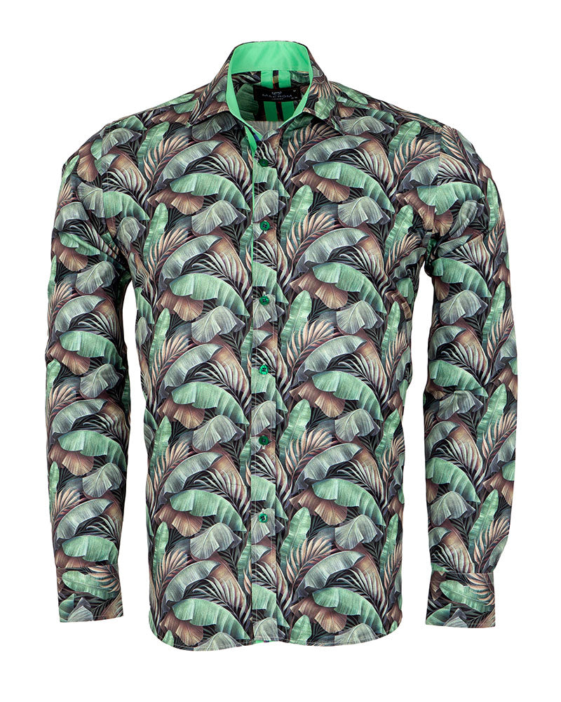 Green Tropical Leaf Print Shirt-Makrom