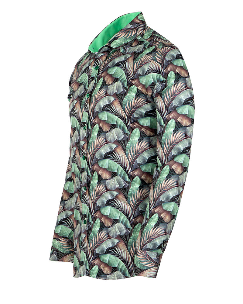 Green Tropical Leaf Print Shirt-Makrom