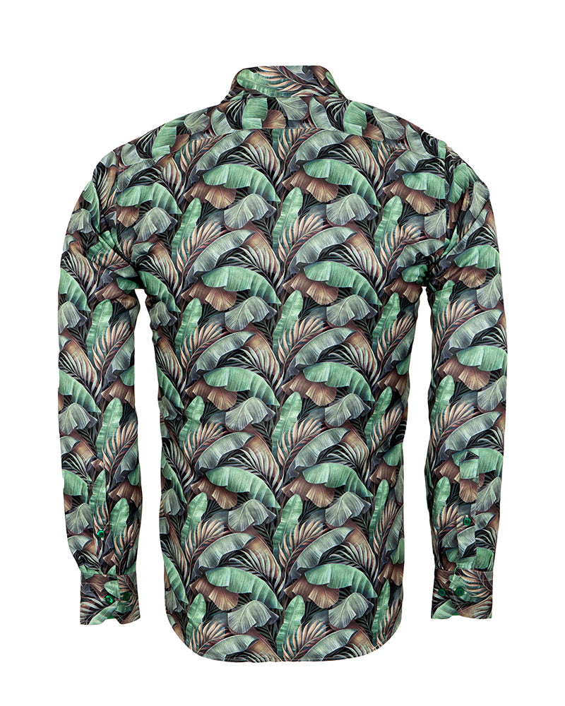 Green Tropical Leaf Print Shirt-Makrom