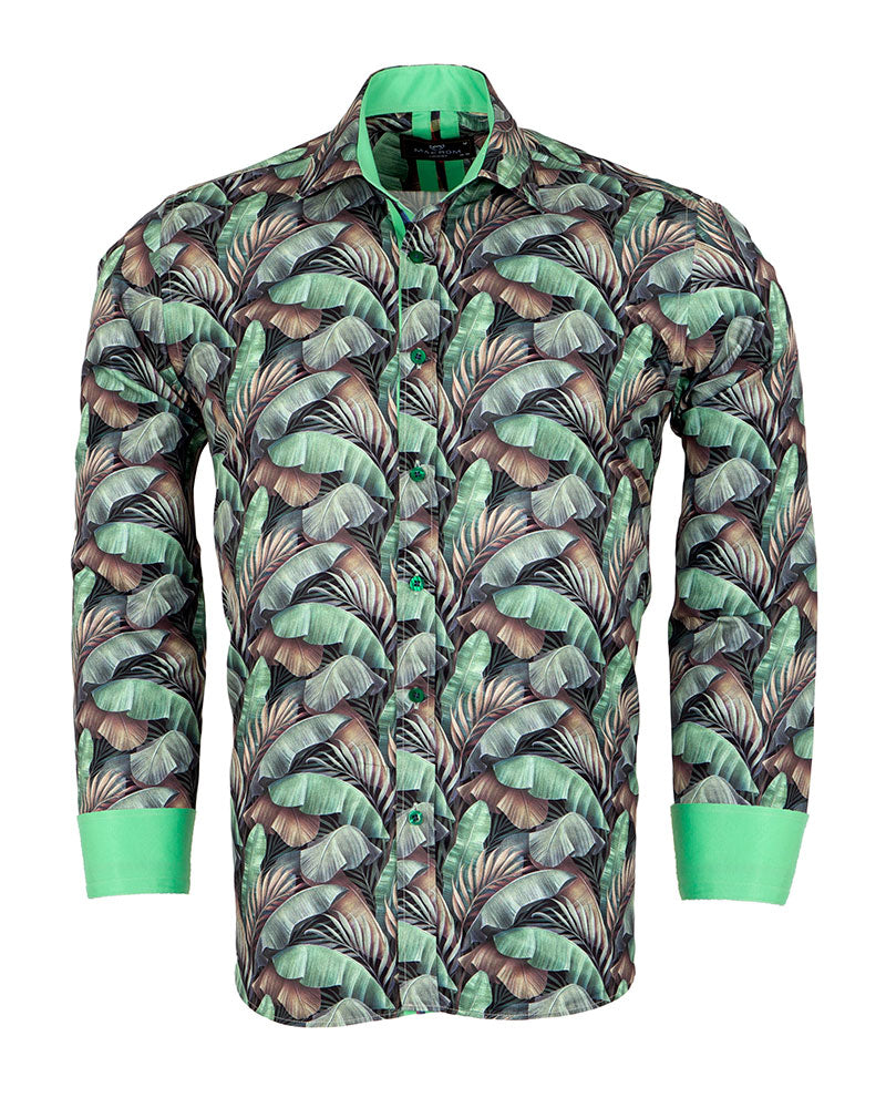 Green Tropical Leaf Print Shirt-Makrom
