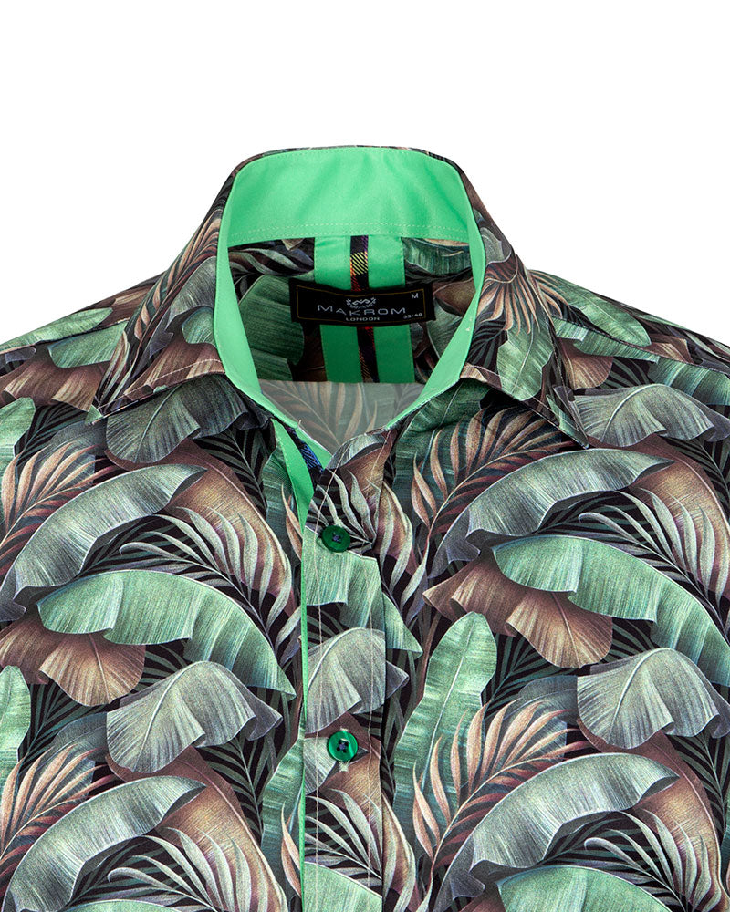 Green Tropical Leaf Print Shirt-Makrom