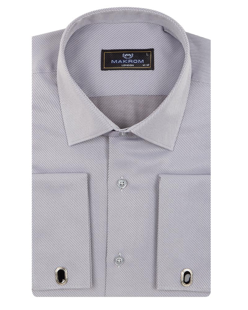 Grey Casual Twill Double Cuff Long Sleeve Shirt-Makrom