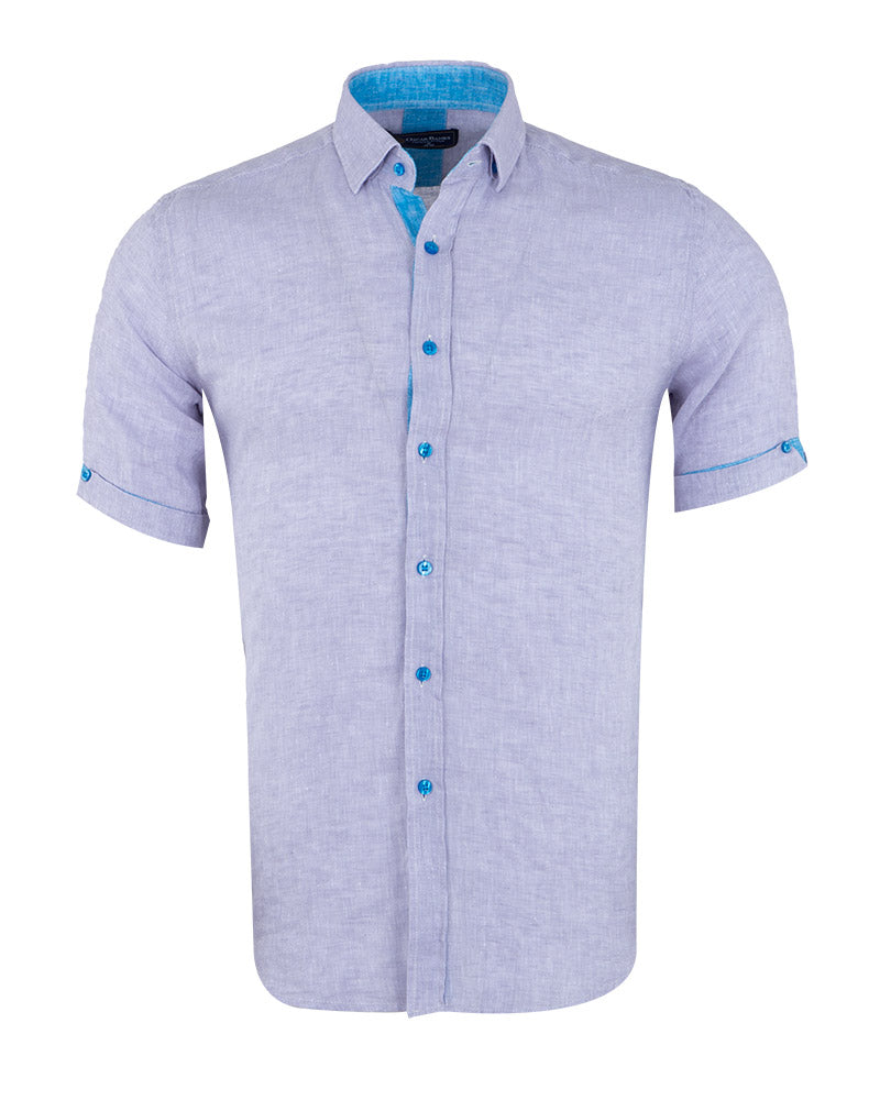 Grey Plain Linen Short Sleeve Shirt-Makrom