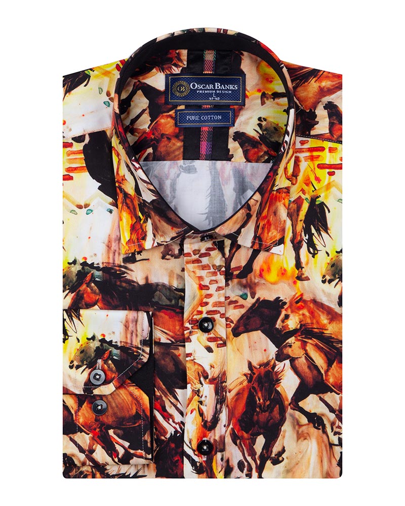 Horse Print Men's Shirt with Matching Handkerchief-Makrom