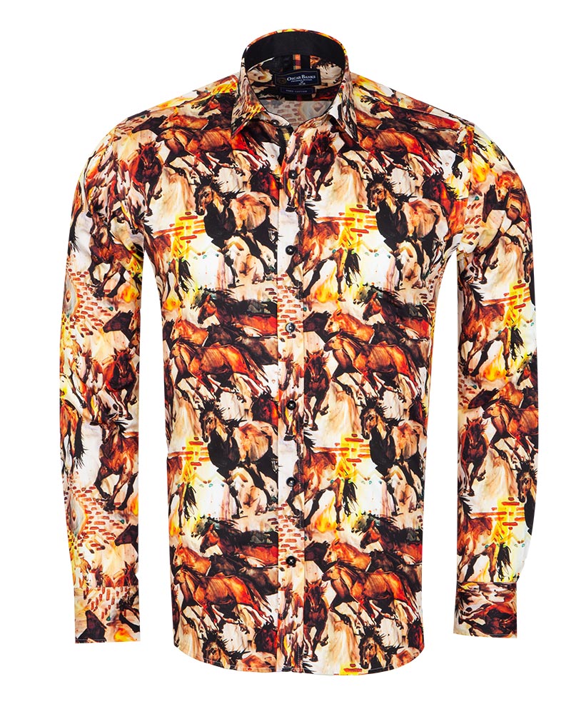 Horse Print Men's Shirt with Matching Handkerchief-Makrom