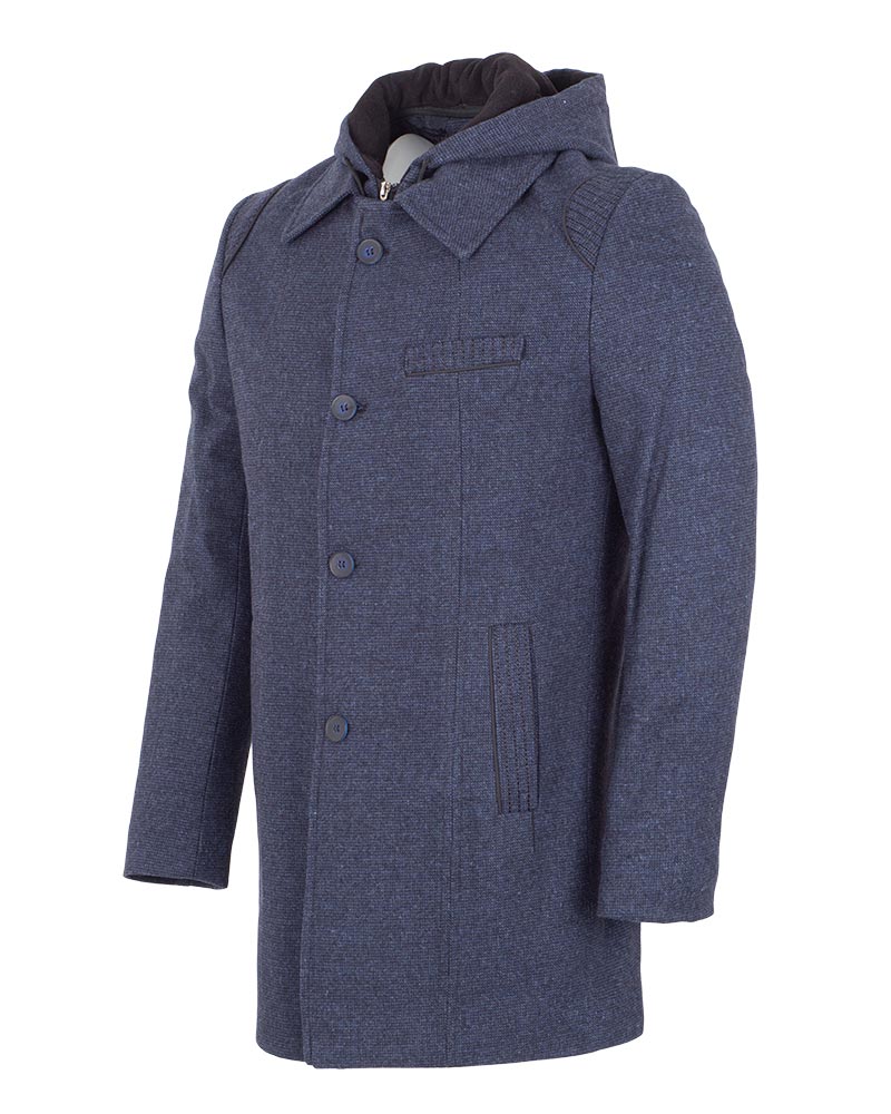 Men's Dark Blue Hooded Overcoat