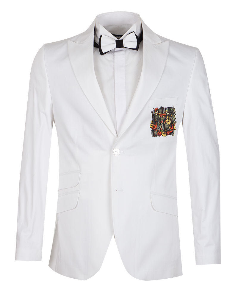 White Musical Print Glitter Blazer with Contrasting Lapel