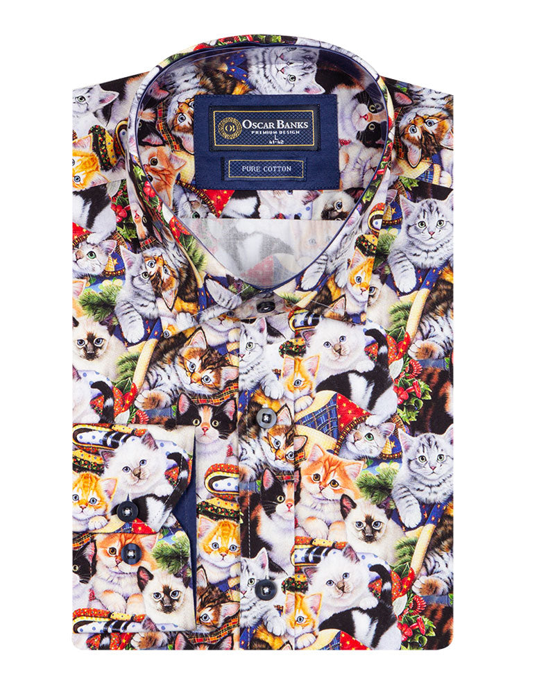 Kitten Print Men's Shirt with Matching Handkerchief-Makrom