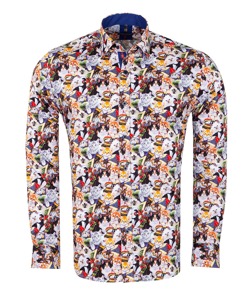 Kitten Print Men's Shirt with Matching Handkerchief-Makrom