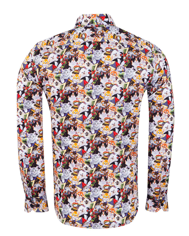 Kitten Print Men's Shirt with Matching Handkerchief-Makrom