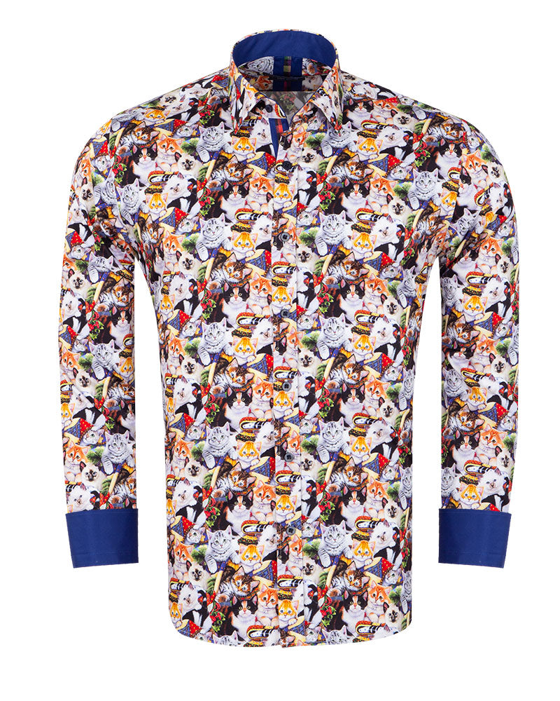 Kitten Print Men's Shirt with Matching Handkerchief-Makrom