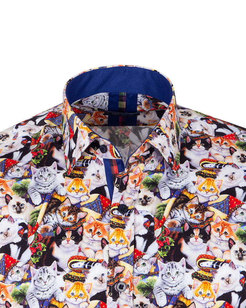 Kitten Print Men's Shirt with Matching Handkerchief-Makrom