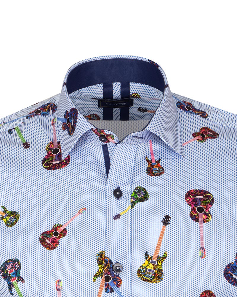 Light Blue Guitar Print Shirt with Matching Handkerchief-Makrom