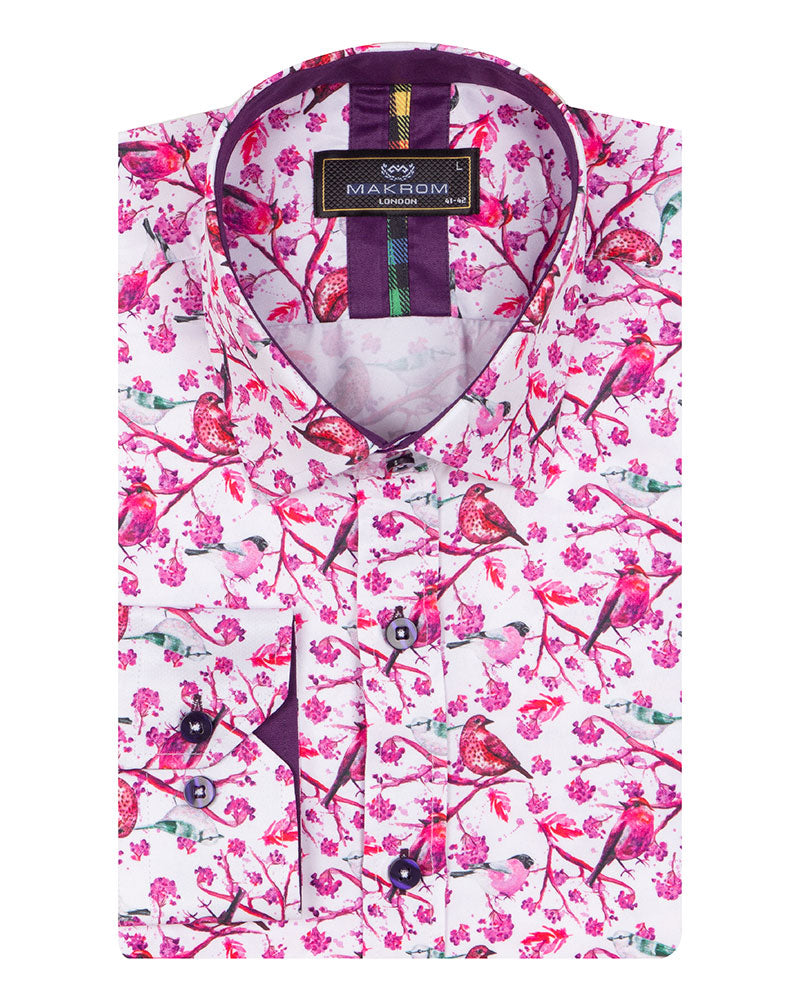Lilac Birds in Tree Print Long Sleeve Shirt-Makrom