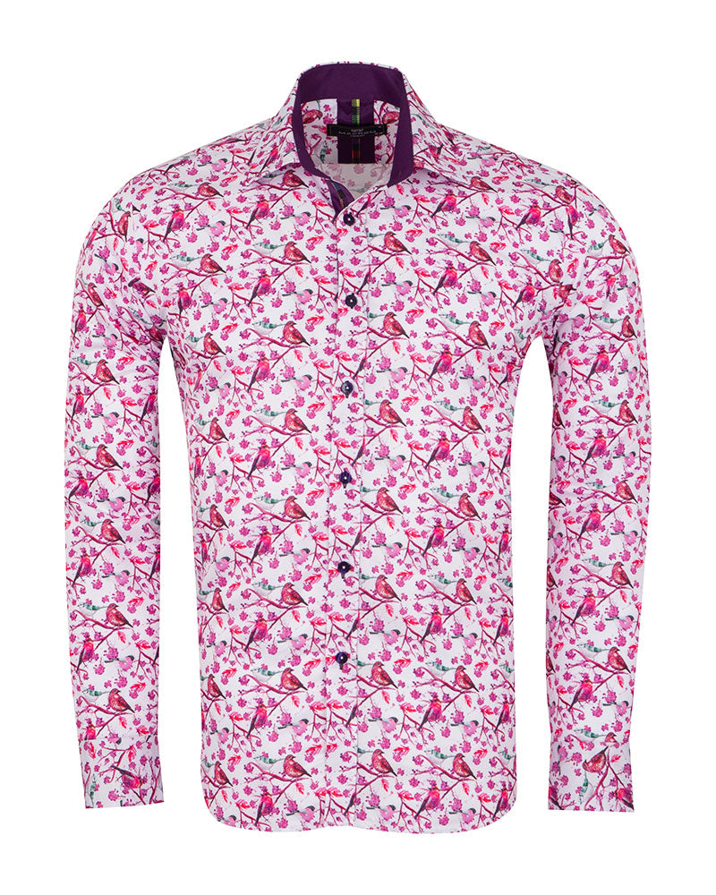 Lilac Birds in Tree Print Long Sleeve Shirt-Makrom